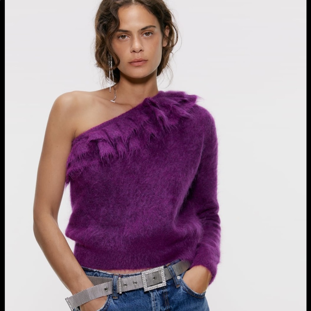 Zara One-Shoulder Purple Fuzzy Sweater
